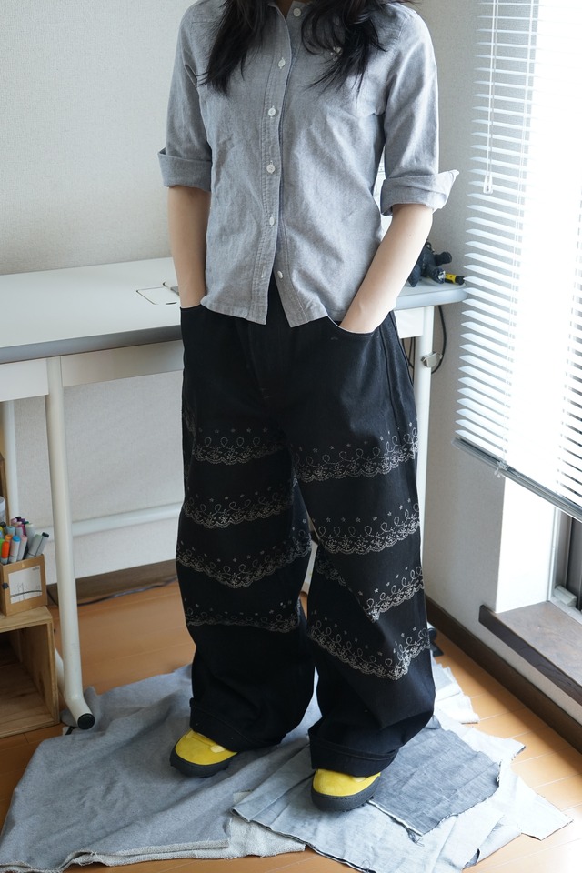 【one-of-a-kind】Black Wide Trace Denim Crown Size L (Women)