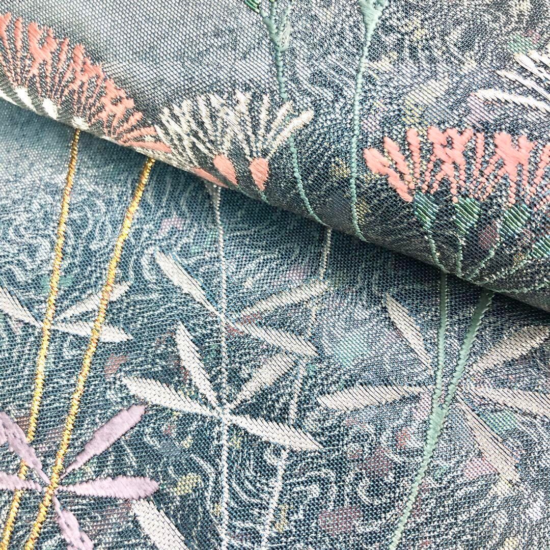 袋帯 西陣 高島織物 繻珍織 青銅箔 花草模様 金銀糸 O-3279 | リユース着物わびさび