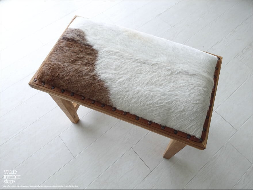 レザーベンチFUR18 シングルソファ スツール オットマン 毛皮張り 本皮 イス 無垢 古材家具 レザー張りベンチ オールドチーク ida