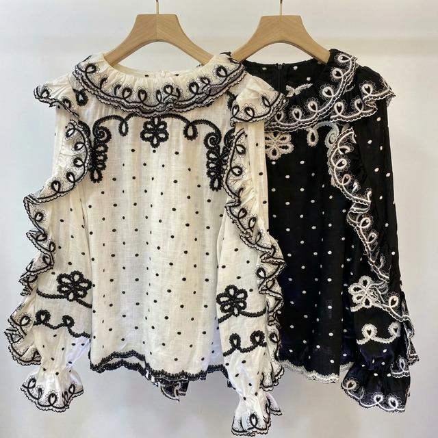 刺繍入り ドットチュール フリルブラウス　ch0463