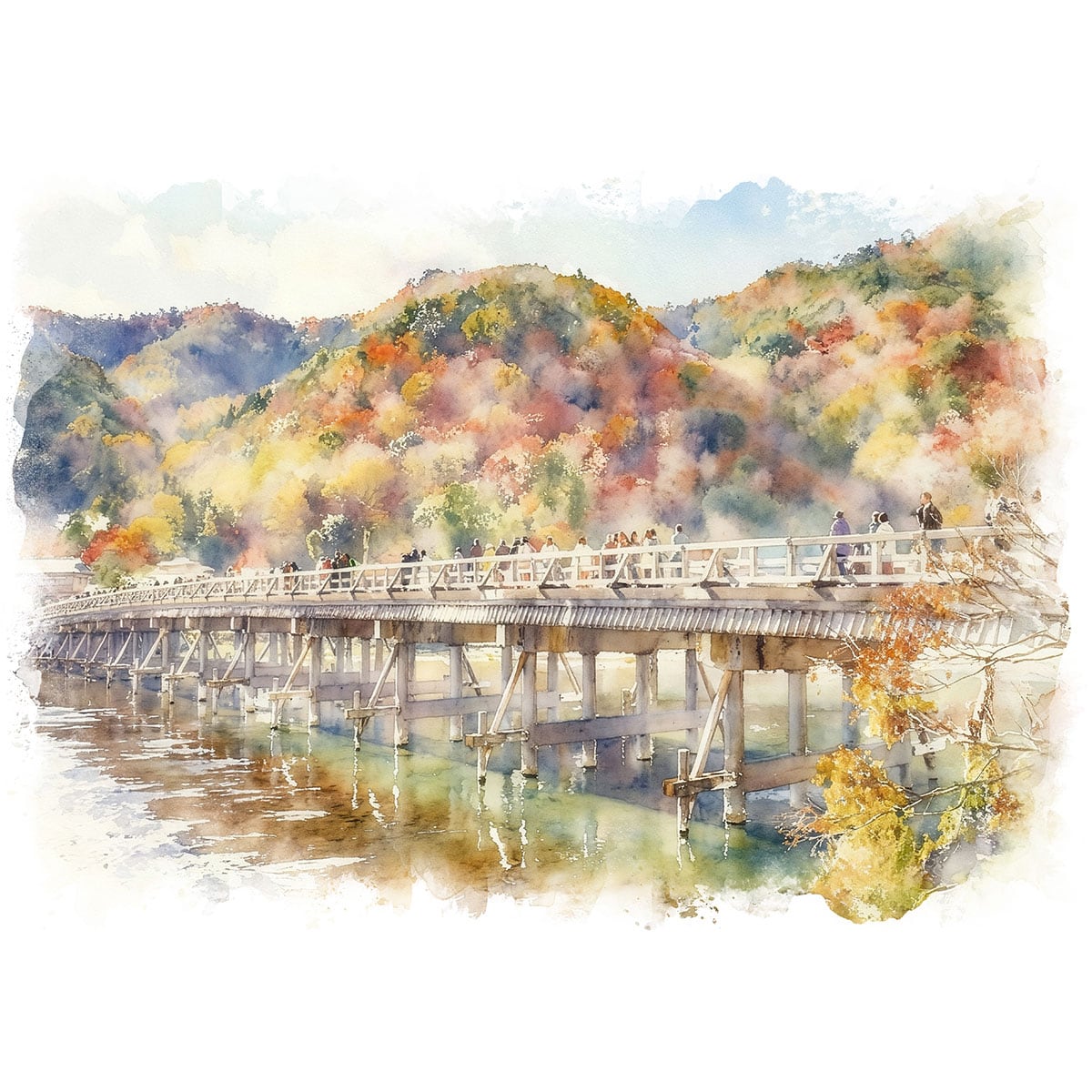 絵画 日本 京都嵐山の渡月橋の風景 インテリアアート額付き 水彩画・油絵風 WAT0087