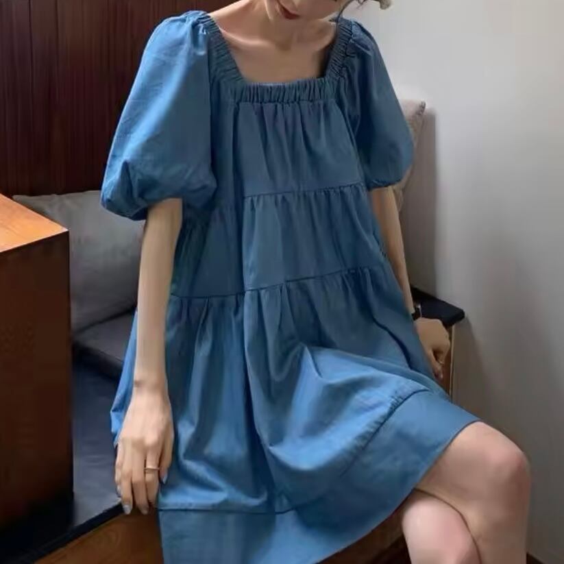 スクエアネックデニムティアードミニワンピース