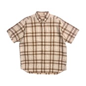 PAPAS パパス リネン100% チェック柄 BD 半袖シャツ L/ブラウン
