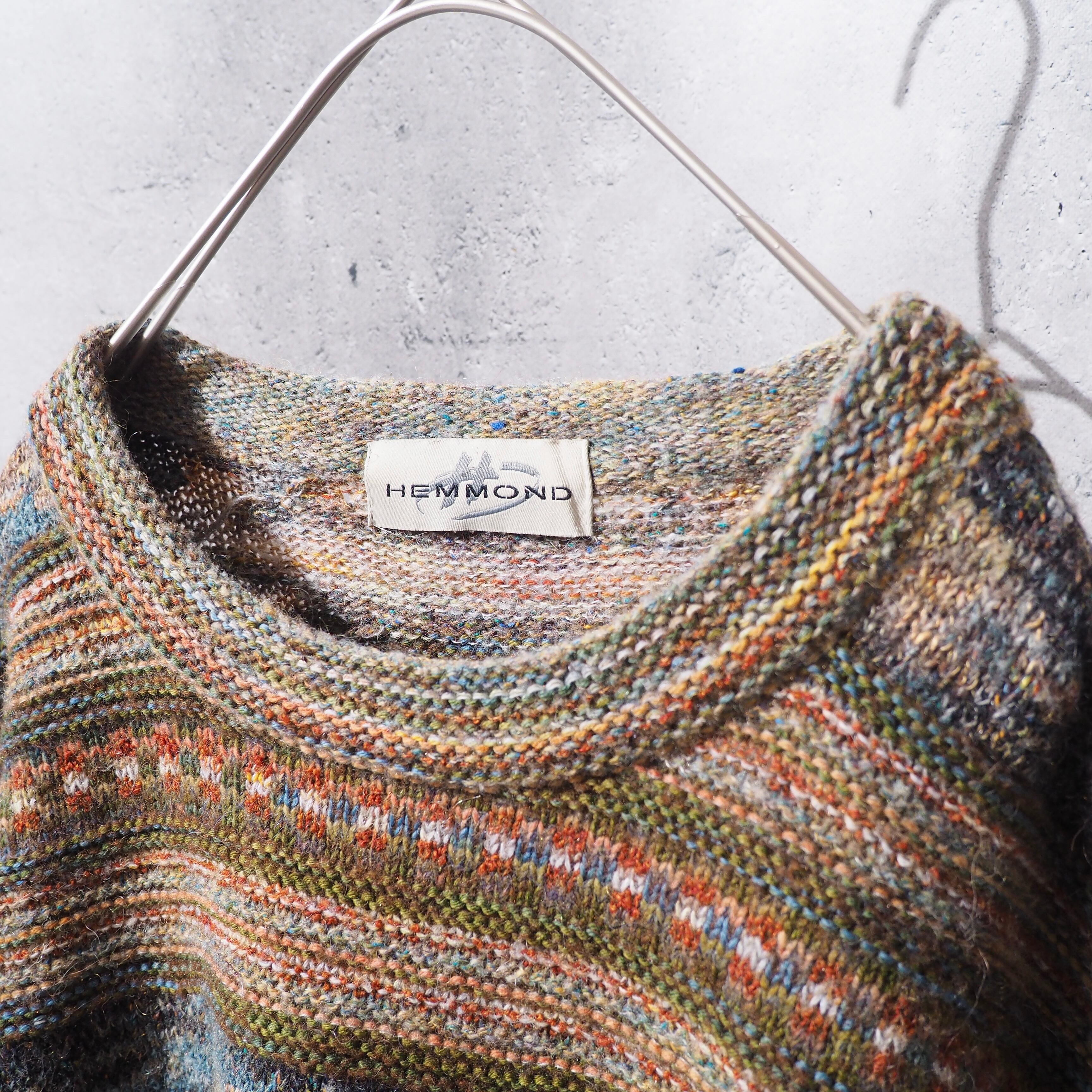 1980s " Made in Italy " Colorful mosaic × Border pattern vintage loose knit