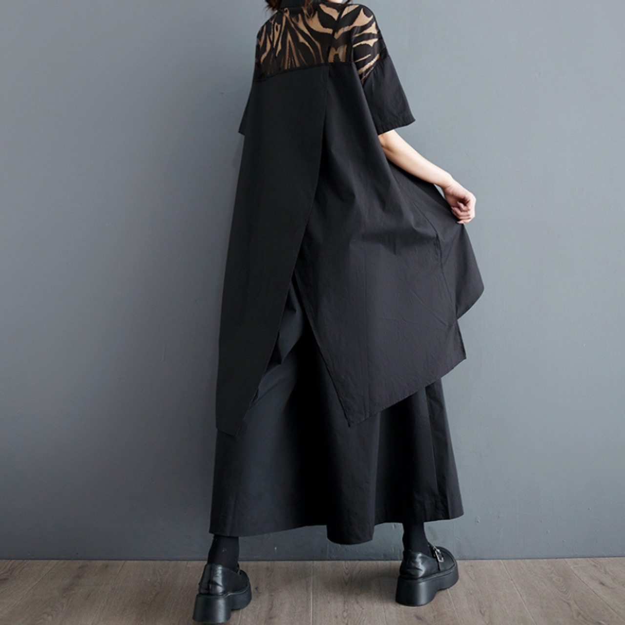 レース切替 ブラック ブラウス  30020