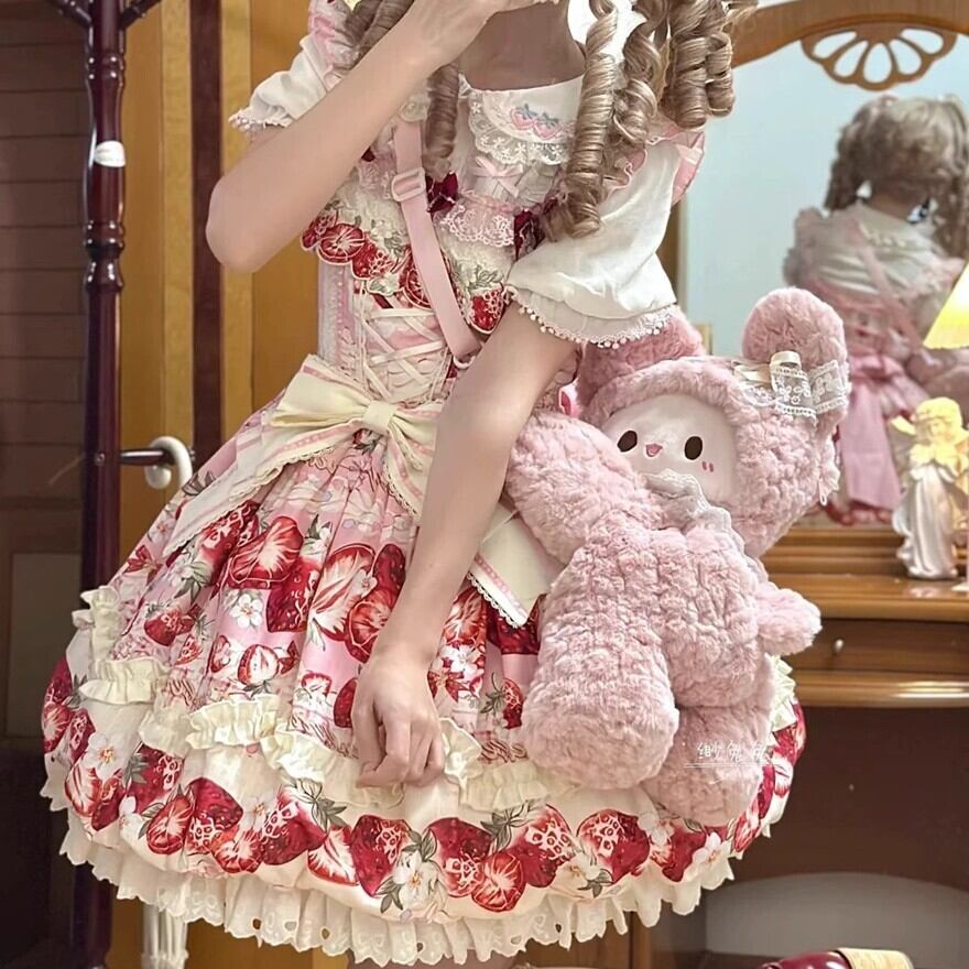 甘ロリ 苺柄フリルワンピース 2丈展開 ピンクお茶会向け | ゴスロリ