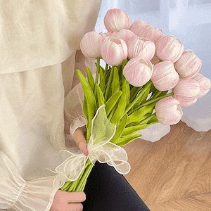 【造花】韓国風チューリップリボンしっとり感造花花束 15本セット