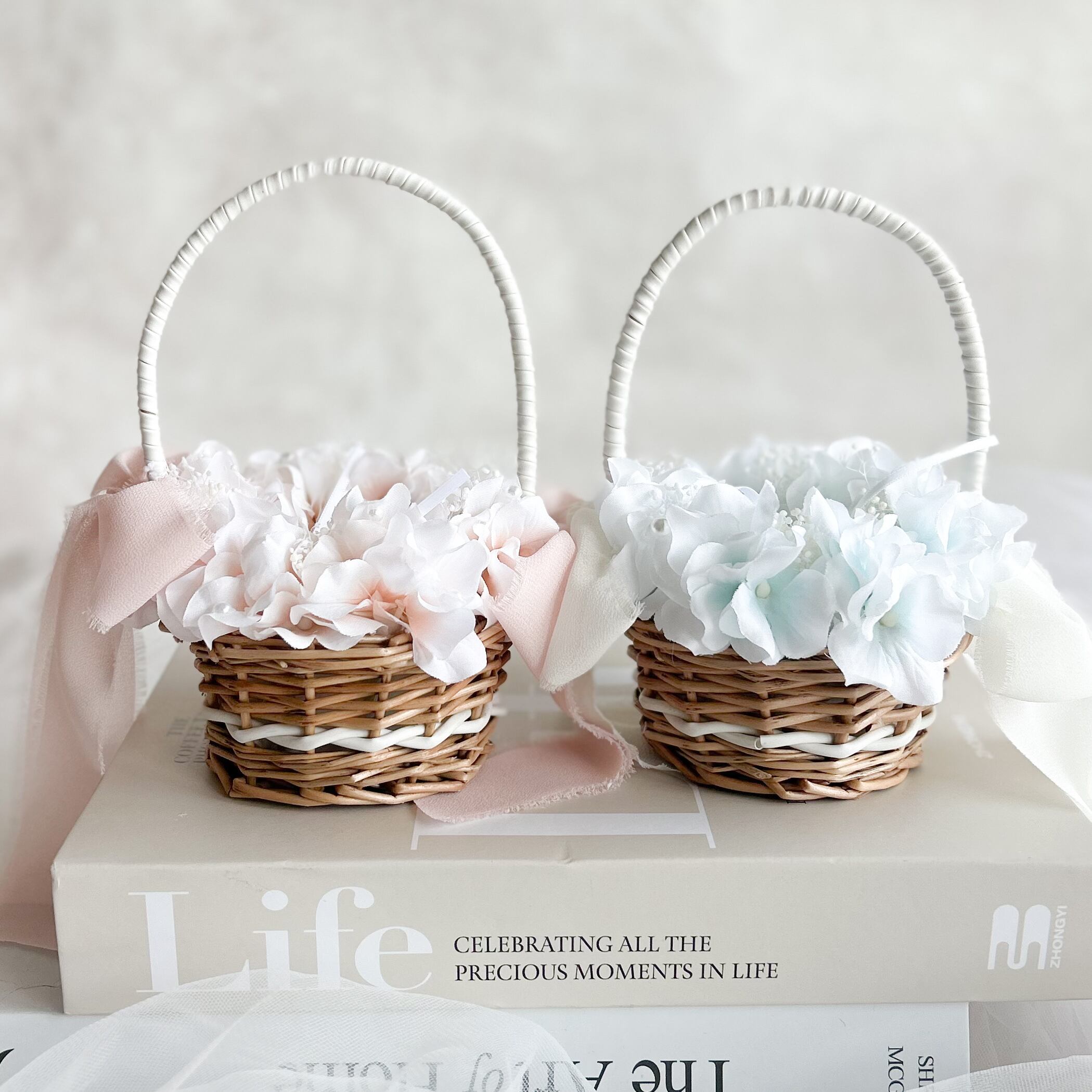 Pink light blue ringpillowset 造花(2人用)