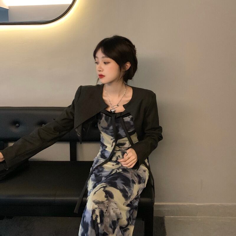 絞り染めメッシュスリングワンピース気質ウエストスリミングレディース2020年秋新作ベーススカートミドル丈スカート ブラックストロベリース54872101396