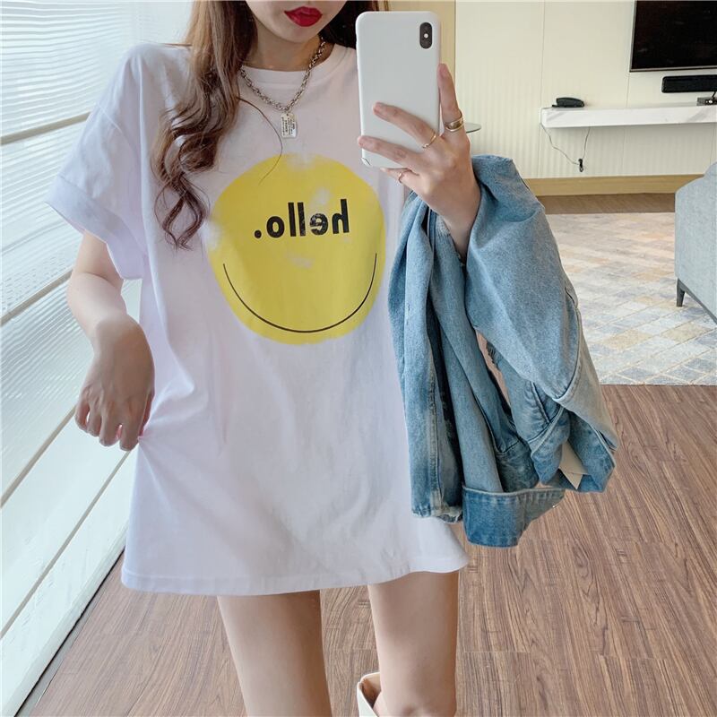 Tシャツ シャツ ロングプリントルーズホワイトラウンドネックスプリングサマー 春物 夏物 Oネック ブラックストロベリース96102552192