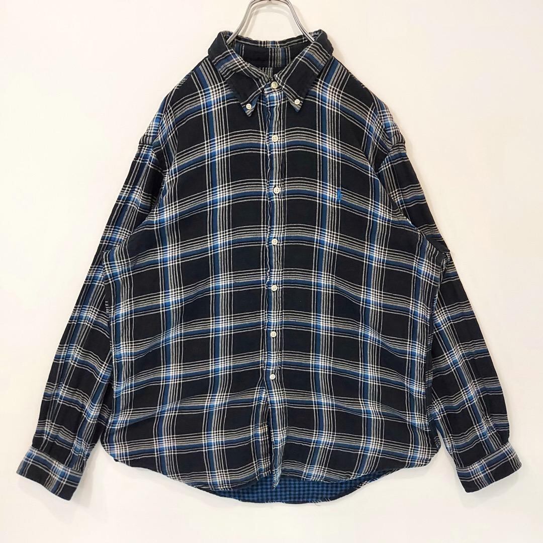 極美品◎RALPH LAUREN ブラック チェックシャツ BD 黒 L 古着 90s Ralph Lauren 「BLAKE」 ブラックウォッチ チェック BD
