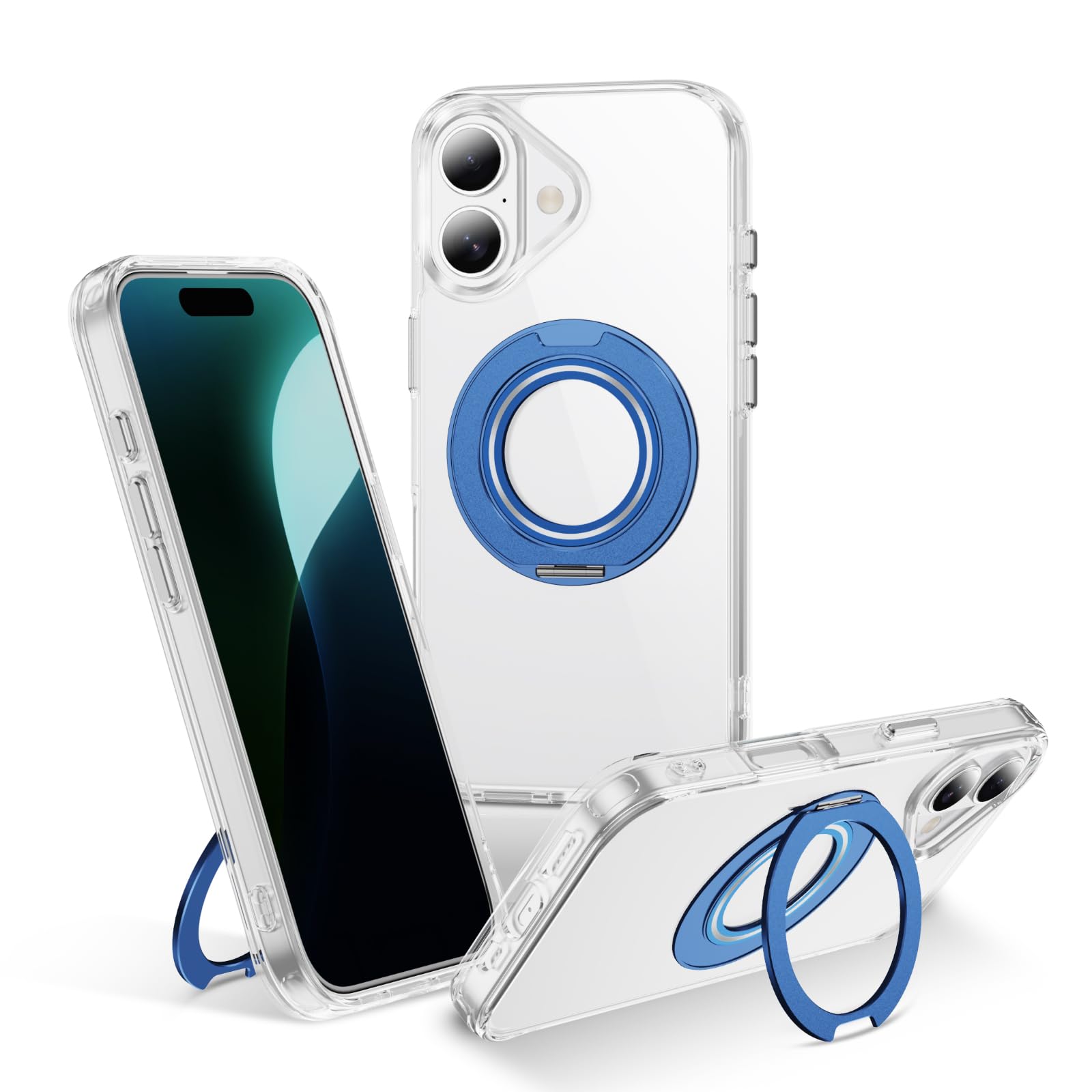 Jajaful 適用 iPhone 17 用 ケース Magsafe対応 360°回転スタンド アイホン17携帯カバー ワイヤレス充電対応ブルー