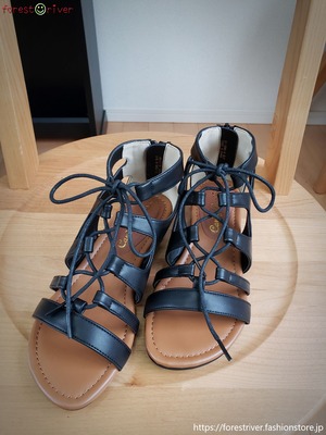 編み上げブーティ サンダル レースアップ ローヒール  ブラック