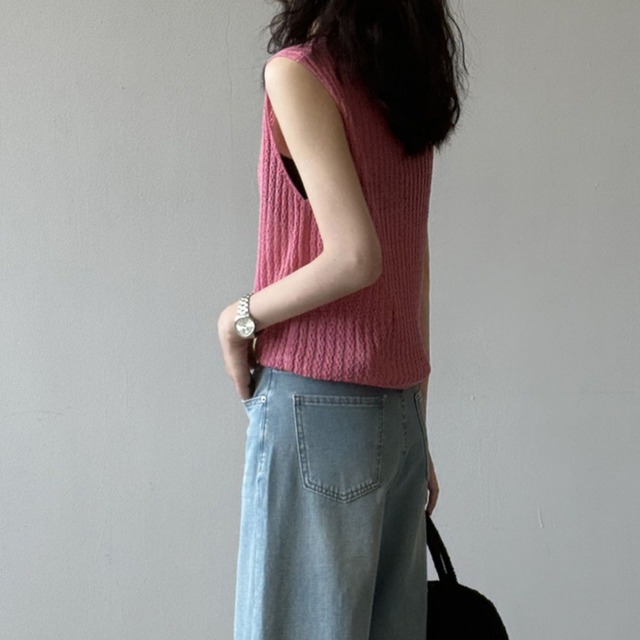 collared v-neck sleeveless knit top L0516