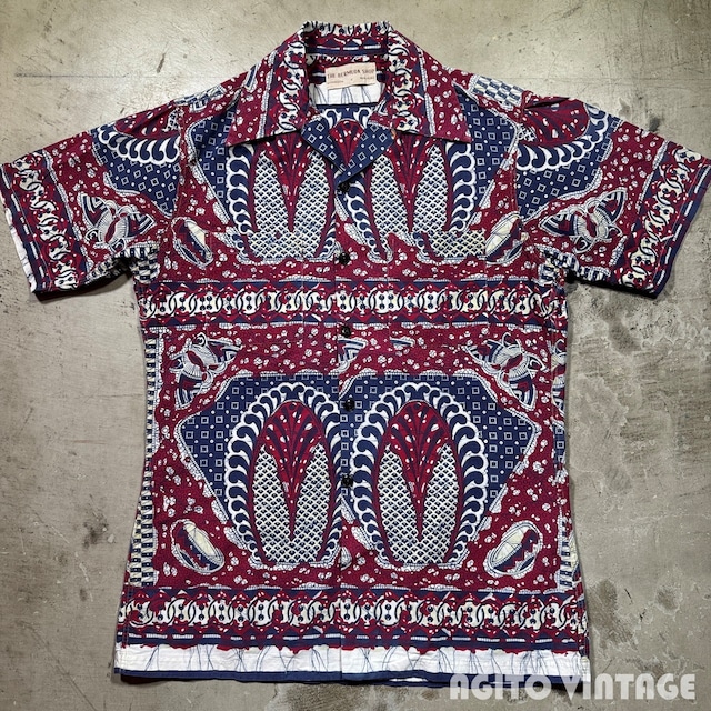 ～50's THE BERMUDA SHOP バミューダショップ S/S プリントコットンオープンカラーシャツ バティック 開襟 猫目ボタン Mサイズ 希少 ヴィンテージ BA-2973 RM3394H