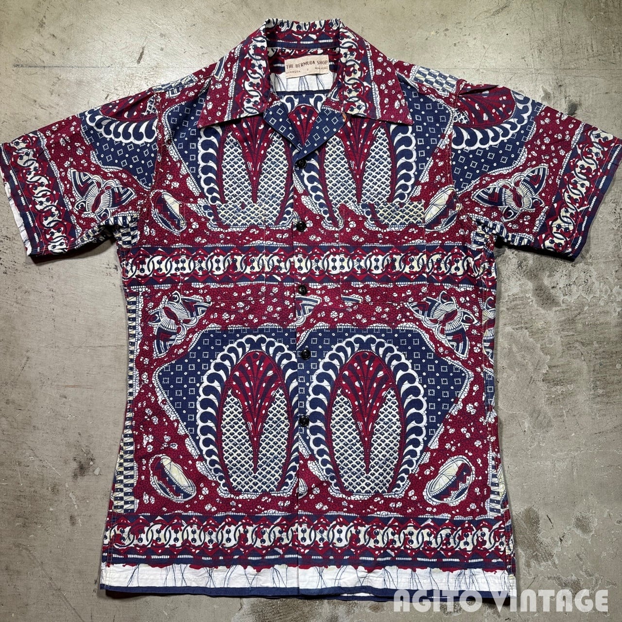 ~50's THE BERMUDA SHOP バミューダショップ S/S プリントコットンオープンカラーシャツ バティック 開襟 猫目ボタン Mサイズ 希少 ヴィンテージ BA-2973 RM3394H