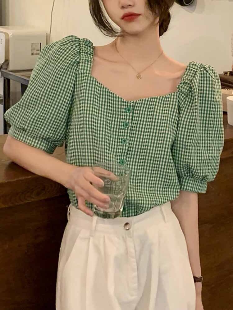 ギンガムチェックパフスリーブブラウス デート お出かけ 可愛い レトロ 半袖 スクエアネック 大きいサイズ 韓国 Ch4460 可愛い大きいサイズ 韓国レディースファッション通販 Chulachula チュラチュラ