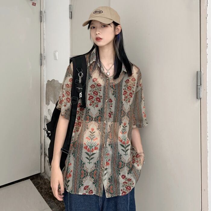 サマーカジュアルシャツ シフォンスタンダードプリント柄ルーズトップス レトロ 夏物 ケッペル36734870344