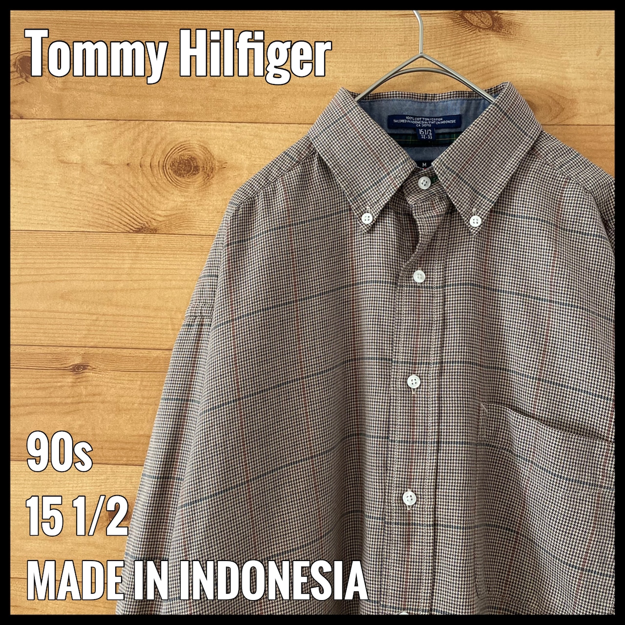 【Tommy Hilfiger】90s 長袖シャツ 旧タグ フラッグタグ 千鳥格子柄 メンズL相当 トミーヒルフィガー US古着 アメリカ古着