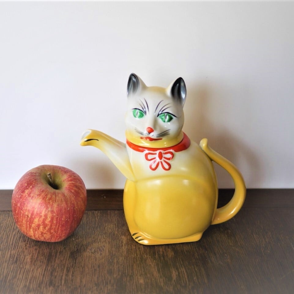 黄色ネコ型ティーポット 陶磁器フィギュリン ドイツ