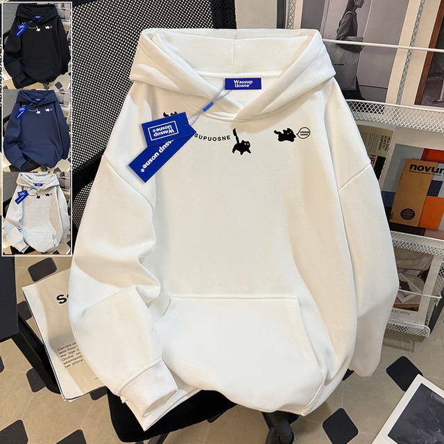 ♥フードを被れば、僕のレトロ猫宇宙へ！【WUシリーズ】★トップス★ ユニセックス プリント 6color トップス カジュアル 猫 猫柄 配色