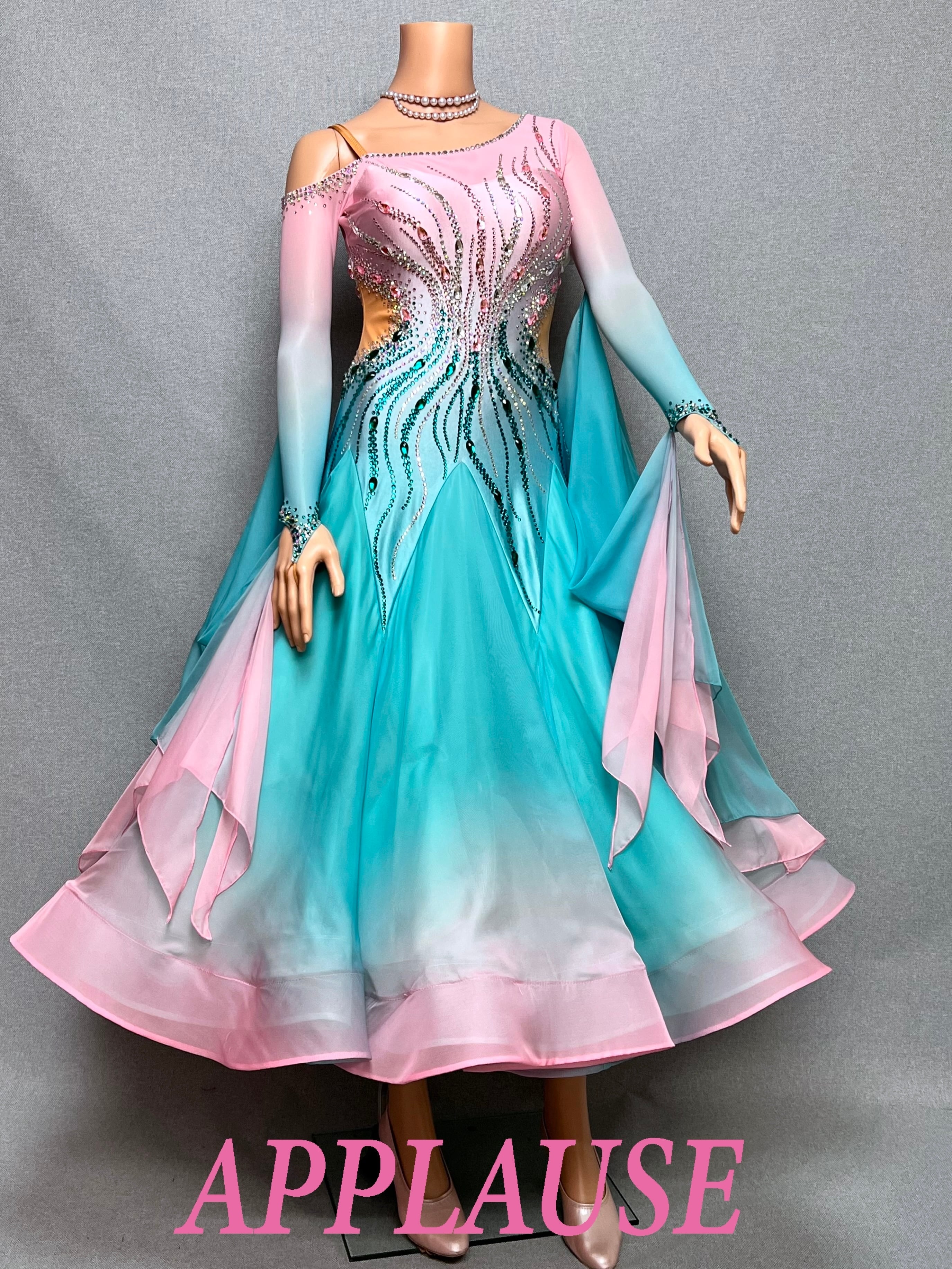 【新着】社交ダンス ドレス　モダン　スタンダード ドレス　　ST-26-6　　ピンク＆グリーン　M　デモ・競技用ドレス　発表会　衣装　パーティドレス　ワンピース　舞台衣装