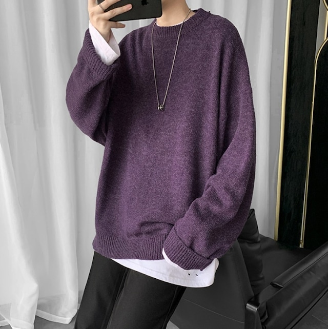 【韓国メンズファッション】 オーバーサイズ カジュアル 袖リブニット セーター シンプル ニット