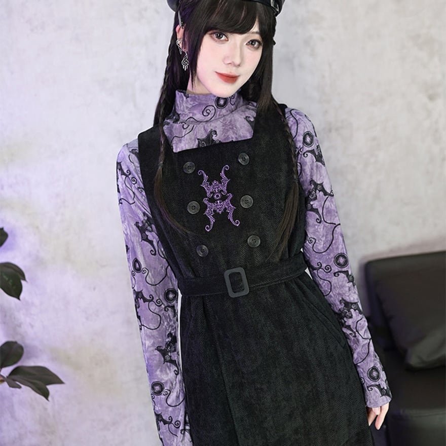 静かな妖艶さを纏う 中華ロリータの刺繍ジャンパースカート ベルト付き黒ワンピース|WithU
