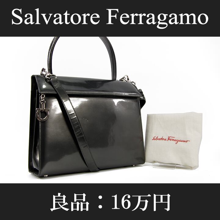 【本物・送料無料・良品】Ferragamo・フェラガモ・2WAYショルダーバッグ(ガンチーニ・人気・斜め掛け・レア・黒・ブラック・A693)