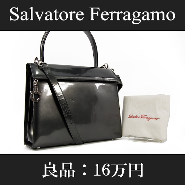 【全額返金保証・送料無料・良品】Ferragamo・フェラガモ・2WAYショルダーバッグ(ガンチーニ・人気・斜め掛け・レア・黒・ブラック・A693)