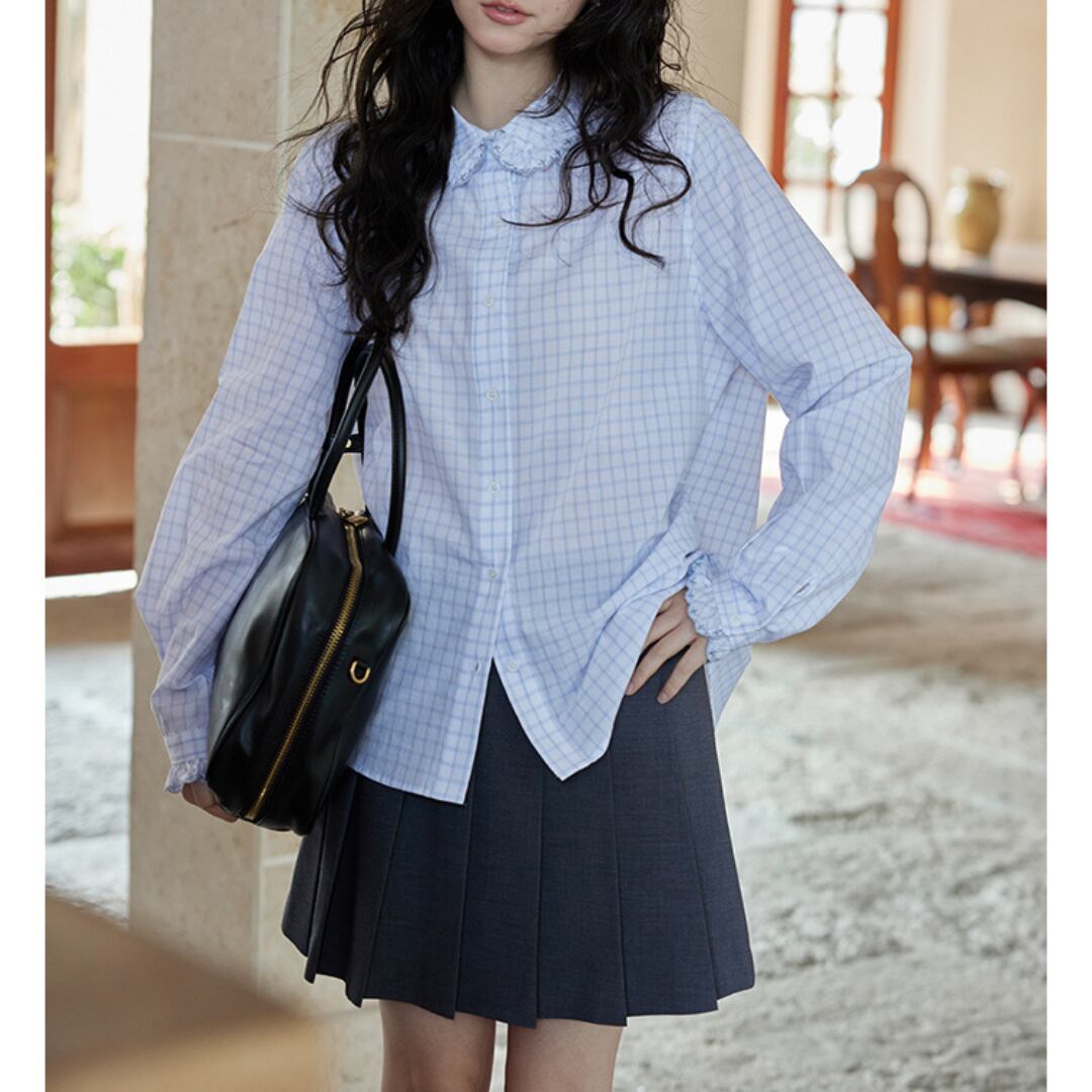 blue checkered long sleeved shirt