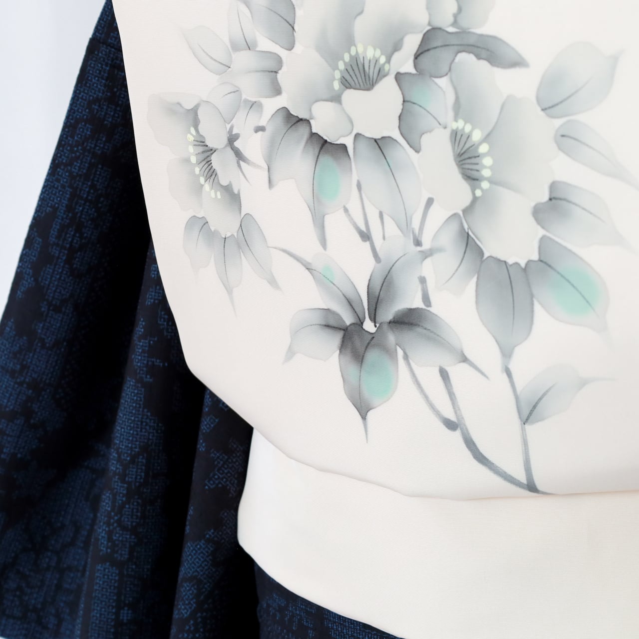 エメラルドグリーン いやらしい 花柄 名古屋帯