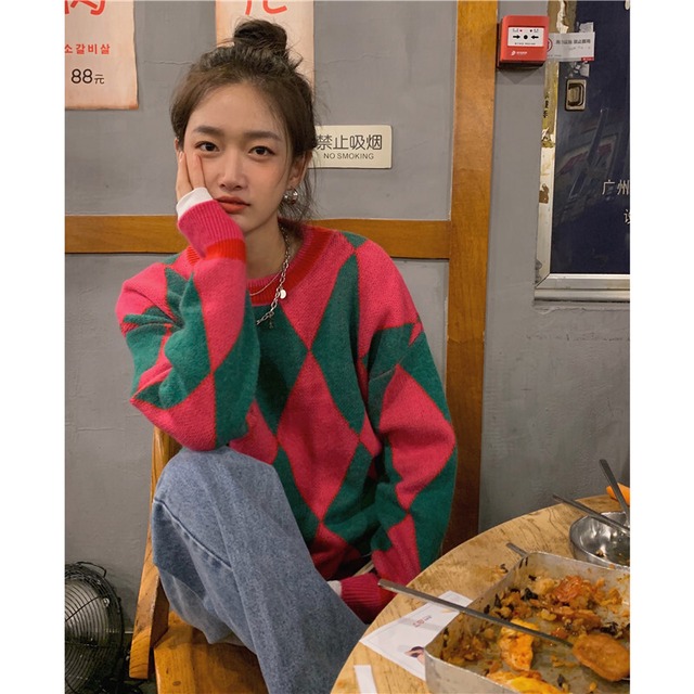 オータムルーズカラーラウンドネックプルオーバー セーター 秋物 Oネック モンロー86095059465