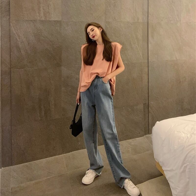 生のエッジのハイウエストストレートレッグジーンズ女性の2020年秋新しいズボンは野生のワイドレッグの薄いモップパンツを緩めます ブラックストロベリース14657547576