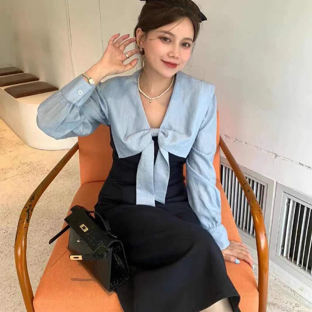 【新作】【送料無料】 大きいサイズの優しいスタイルのネイビーカラードレス女性初秋の新しいフレンチレトロスカート太mmはお腹をカバーし、スリムに見えるロングスカート 0257549643945