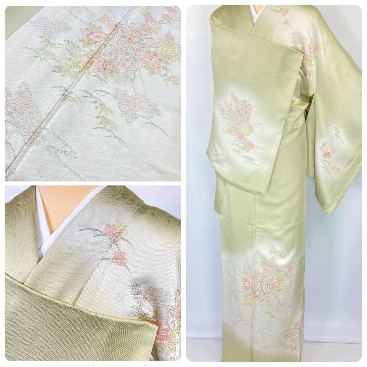 汕頭 蘇州 相良 総刺繍 美品 花柄 訪問着 正絹 黄緑 薄柳 1017