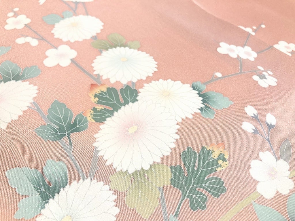 手描き友禅 四季の花々 訪問着 袷 正絹 サーモンピンク クリーム 白
