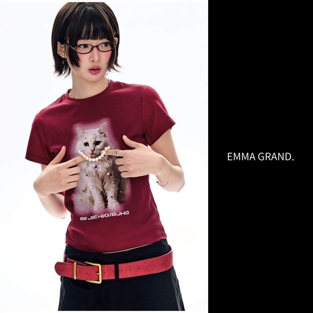 猫に真珠Tシャツ E00671 | EMMA GRAND.