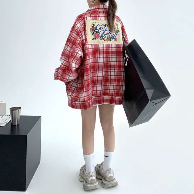 red check pattern embroidered back patch jacket　レッドチェック柄刺繍バックパッチジャケット　J0723