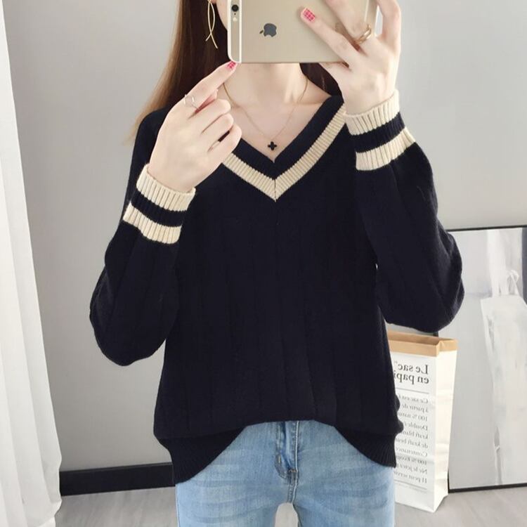 配色ラインVネックニットプルオーバー(長袖・ゆったりフィット)A10018