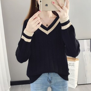 配色ラインVネックニットプルオーバー(長袖・ゆったりフィット)A10018