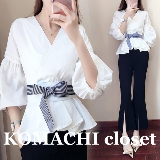 【送料無料】 パンツスーツ 上下セット 2点セット カシュクールネック ブラウス セットアップ 韓国 レディース オルチャン ブーツカットパンツ シャツ ストライプ リボンベルト 白 黒 長袖 きれいめ シンプル カジュアル ウエストマーク お洒落 大人女子 こなれ感 主役級 存在感 抜け感 春 夏 かわいい 大人可愛い エレガント 10代 20代 30代 40代 50代 オフィス ビジネス OL 通勤 デート 女子会 休日 イベント 着回し 普段使い トレンド インスタ映え