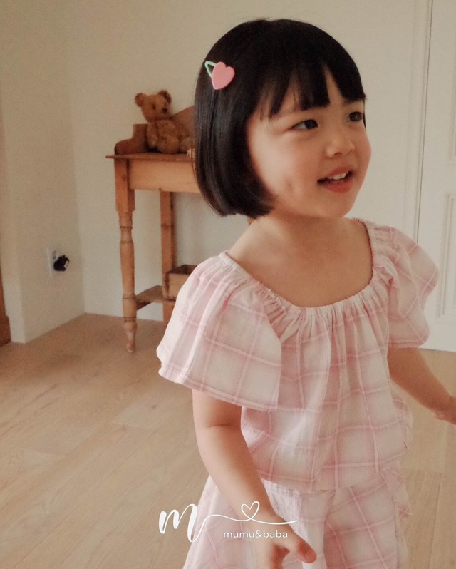 [予約] mumu&baba - check shawl blouse ( pink / green )