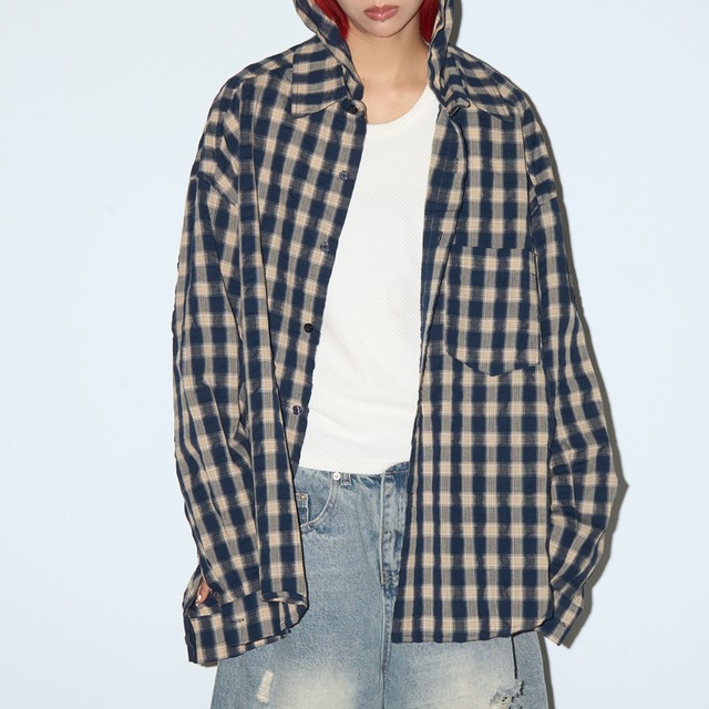 フード付きオーバーサイズチェックシャツB0389