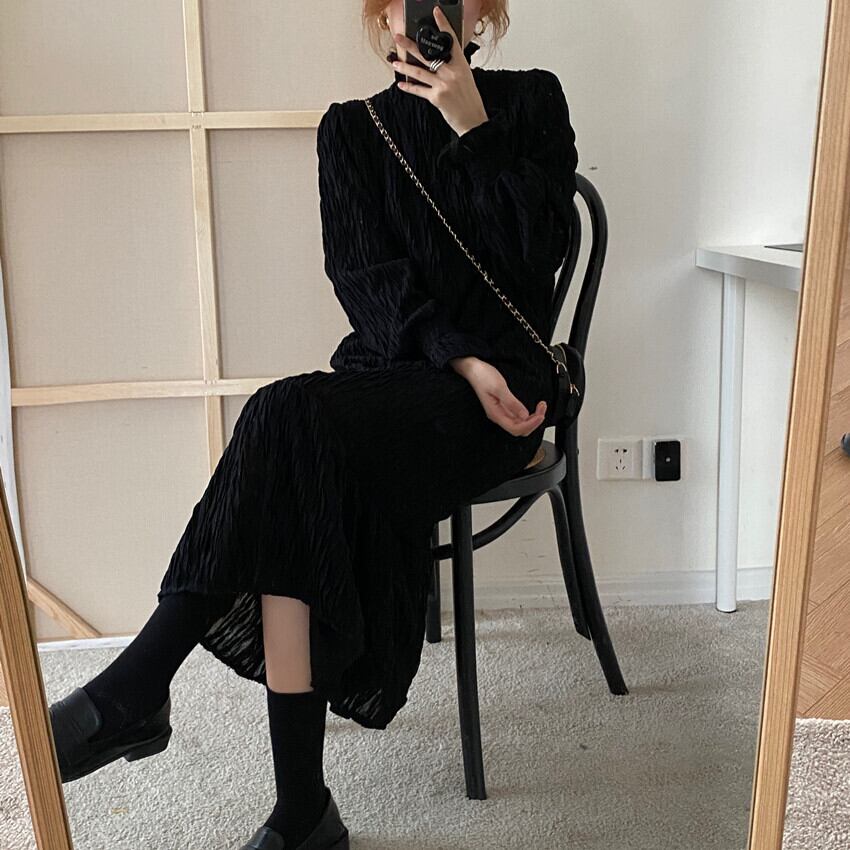 ドレス オータムプリーツ薄手スカート ロング 秋物 ビッグFスモールZ韓国5821944084