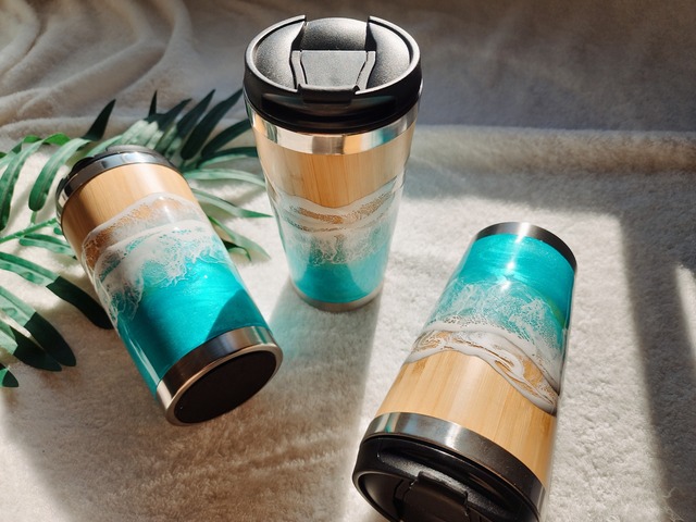 361.オーシャンレジンアート ステンレスコーヒータンブラーフタ付き