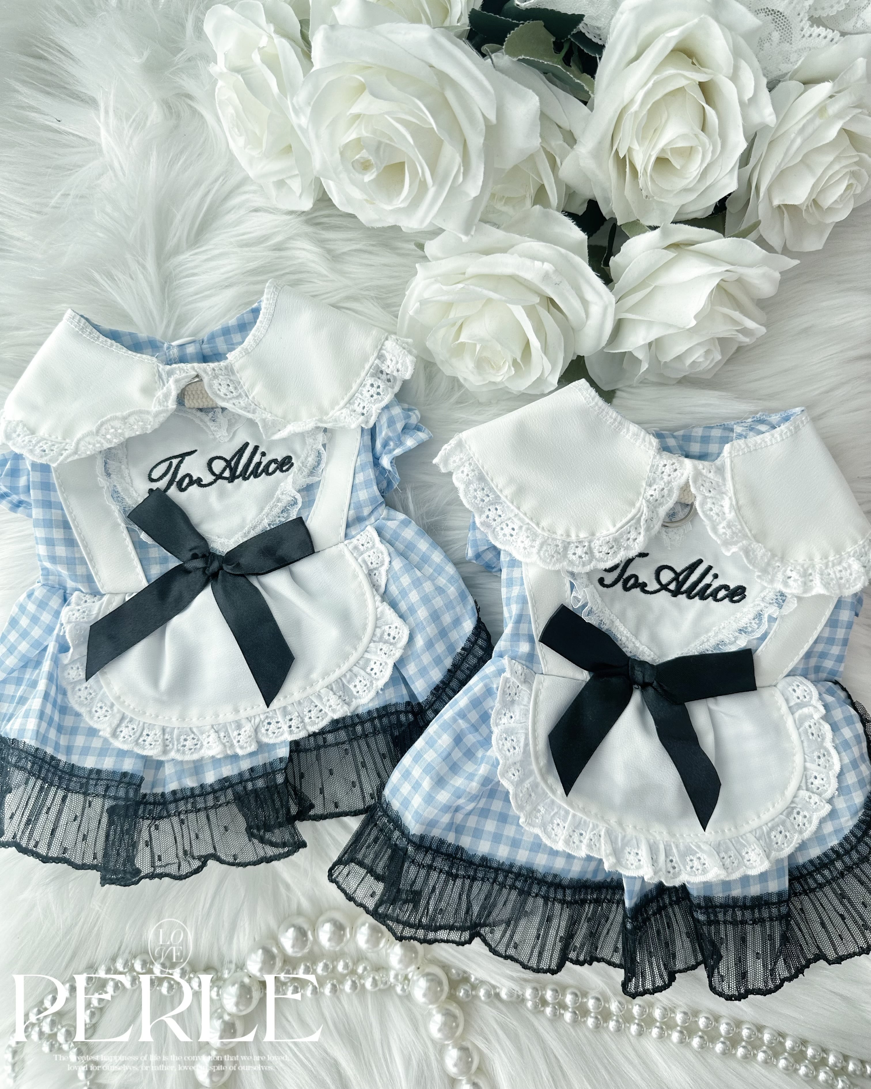 Blue check ribbon pet dress
