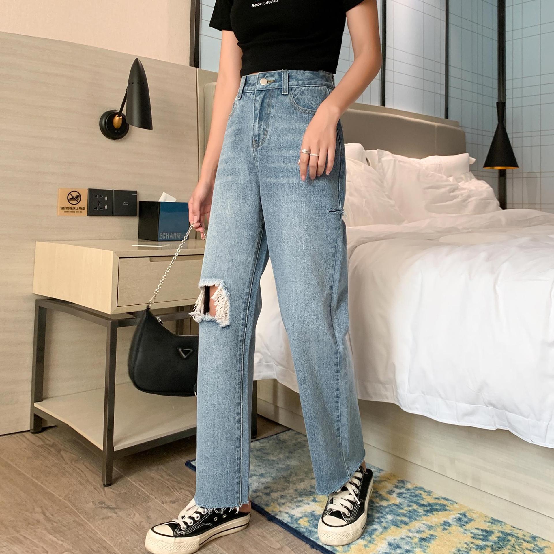 【新作】【送料無料】 新しい韓国スタイル痩身万能パンツハイウエスト破れたジーンズ女子学生9点ストレートパンツ 0353938533073