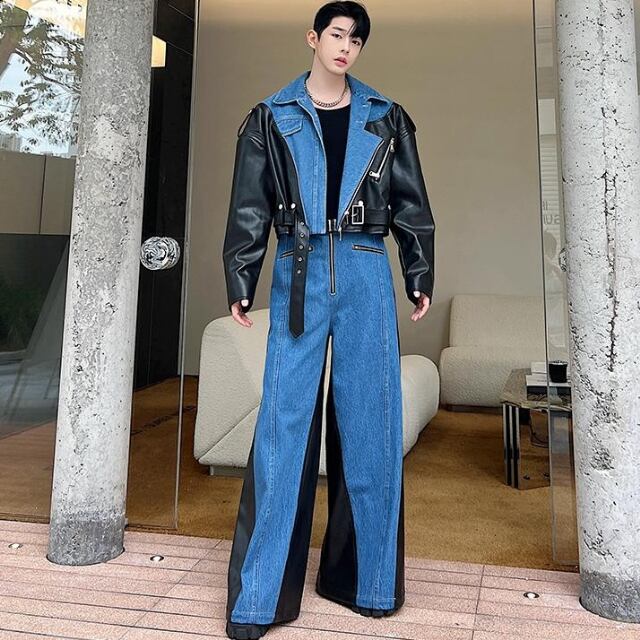 【予約販売】メンズ セットアップ 上下 長袖 デニム 異素材 レザー ダークグレー ブルー バイカラー 男前 パンツ セット カジュアル 韓国 トレンド M/L/XL