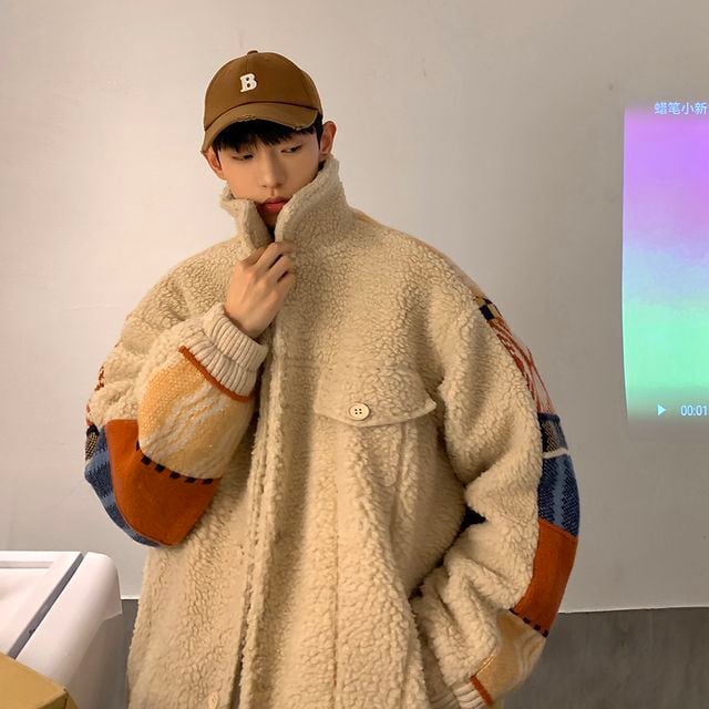 【予約販売】ボアブルゾン アウター ジャケット ネイティブ柄 ショート丈 ストリート メンズ オルテガ ベージュ ネイビー 男前 こなれ感 お洒落 韓国 トレンド 秋 冬 M/L/XL